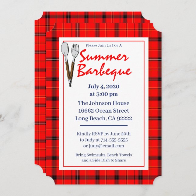 Red Plaid Summer BBQ Invitation (Front/Back)