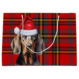 Red Plaid Tan and Black Coonhound Lover Holiday Large Gift Bag