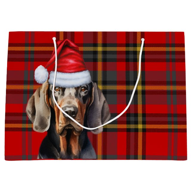 Red Plaid Tan and Black Coonhound Lover Holiday Large Gift Bag (Front)