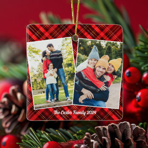 Red Plaid Tartan Christmas 2 Family Photo Ceramic Ornament