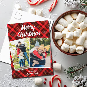 Red Plaid Tartan Merry Christmas 2 Family Photo Holiday Postcard