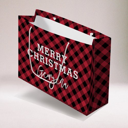 Red Plaid Tartan Name Christmas Large Gift Bag