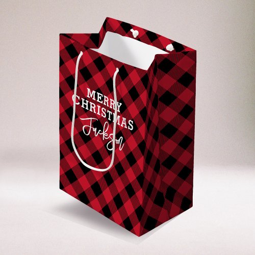 Red Plaid Tartan Name Christmas Medium Gift Bag