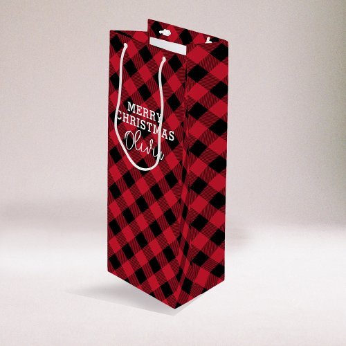 Red Plaid Tartan Name Christmas Wine Gift Bag