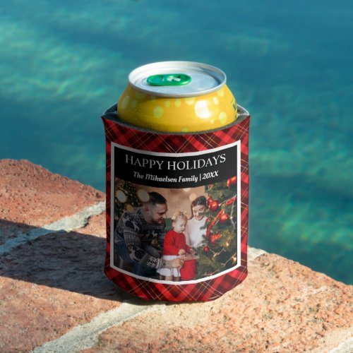 Red Plaid Tartan Photo Merry Christmas Can Cooler