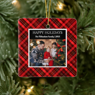 Red Plaid Tartan Photo Merry Christmas Ceramic Ornament
