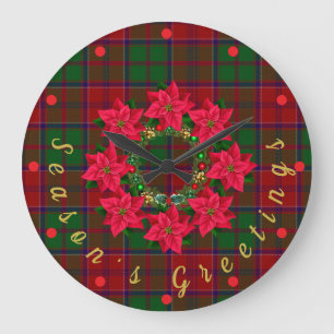 Red Plaid Tartan Poinsettia Christmas  Large Clock