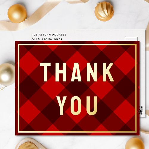  Red Plaid Thank You Gold Foil Holiday Post Card