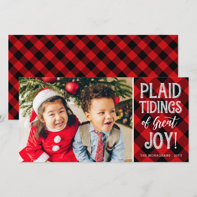 Red Plaid Tidings One Photo Holiday Card (Front/Back)