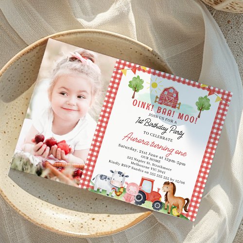 Red Plaid Tractor Farm Animals Birthday Invitation