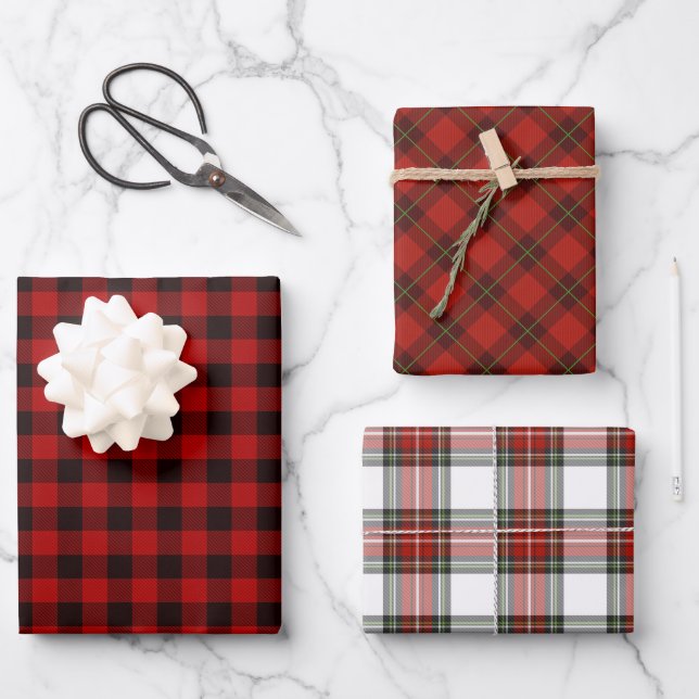 Red Plaid Trio  Wrapping Paper Sheets (Front)