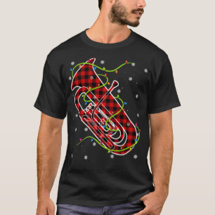 Red Plaid Tuba Christmas Lights Pajama Matching Pu T-Shirt