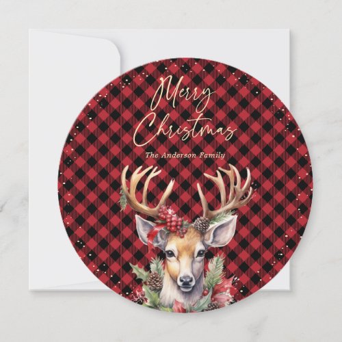 Red Plaid Watercolor Deer Christmas Holiday Card