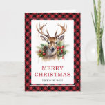 Red Plaid Watercolor Deer Merry Christmas Holiday Card