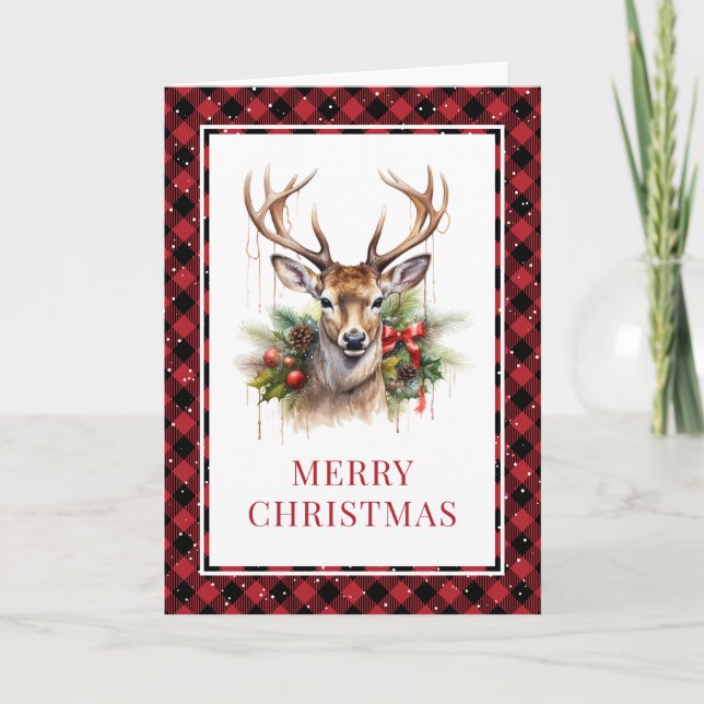 Red Plaid Watercolor Deer Merry Christmas Holiday Card (Front)