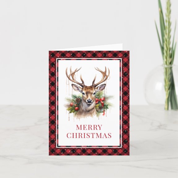 Red Plaid Watercolor Deer Merry Christmas Card