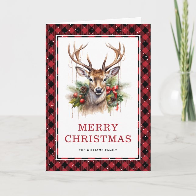 Red Plaid Watercolor Deer Merry Christmas Photo Holiday Card (Front)