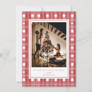 Red Plaid Watercolor Flannel Photo Merry Christmas Holiday Card