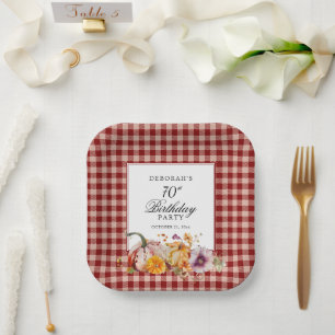 Red Plaid & Watercolor Pumpkins 70th Birthday Paper Plates