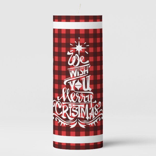 Red plaid we wish you Merry Christmas Pillar Candle (Front)