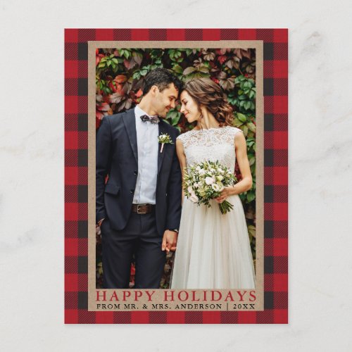 Red Plaid Wedding Photo Happy Holidays Kraft Postcard