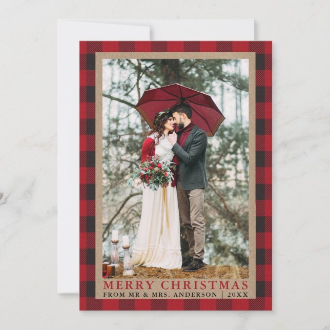 Red Plaid Wedding Photo Merry Christmas Kraft Holiday Card (Front)