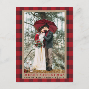Red Plaid Wedding Photo Merry Christmas Kraft Postcard