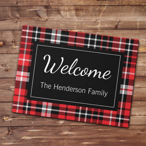 Red Plaid Welcome Monogrammed Family Name  Doorma Doormat
