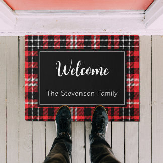 Red Plaid Welcome Monogrammed Family Name Doormat