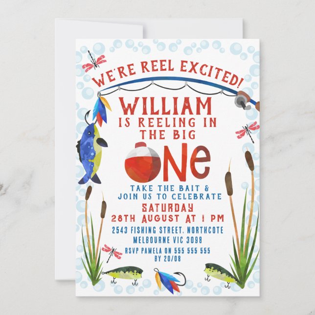Red Plaid We're Reel Excited Fishing 1st Birthday  Invitation (Front)