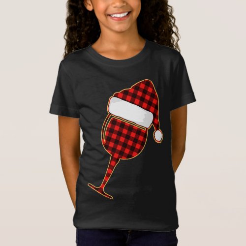 Red plaid Wine cup and Christmas Santa Hat T_Shirt