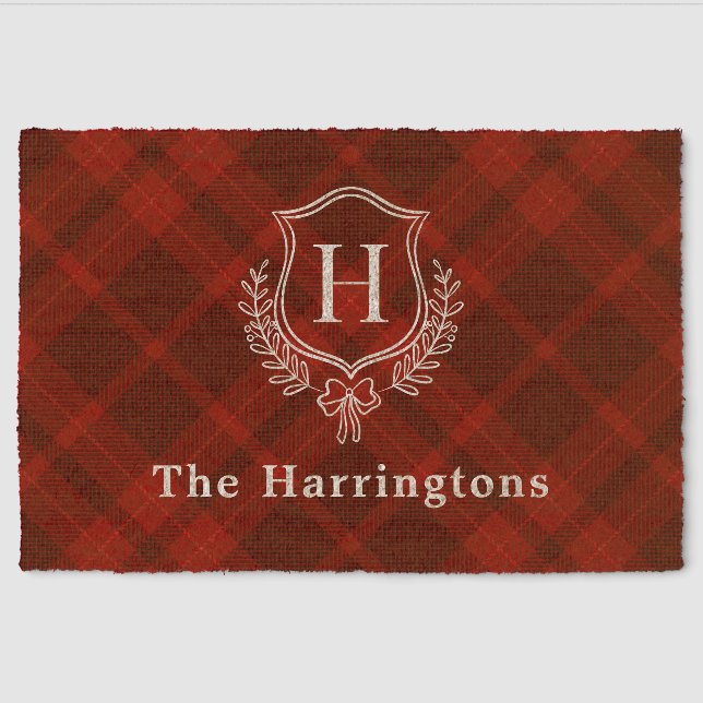 Red Plaid Winter Monogram Crest Initial Fiber Doormat (Front)