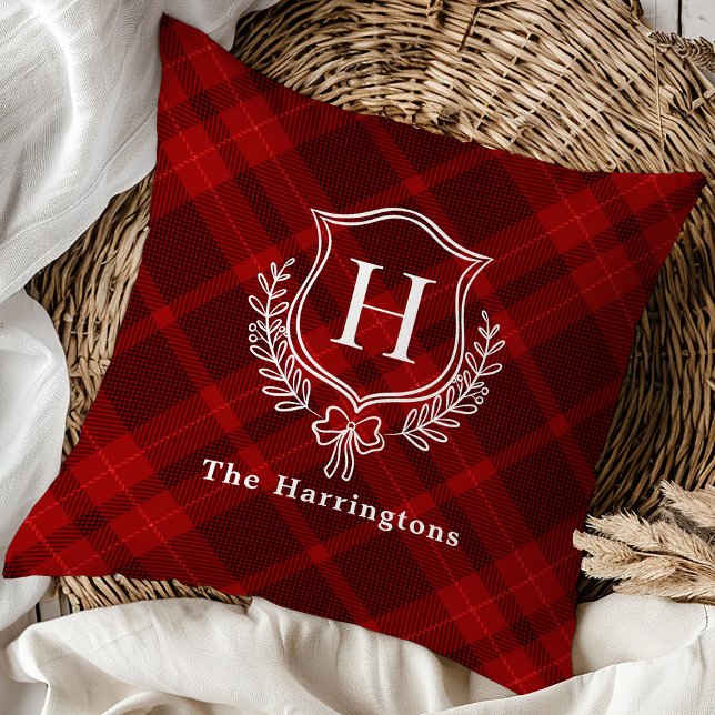 Red Plaid Winter Monogram Crest Initial Throw Pillow (Creator Uploaded)