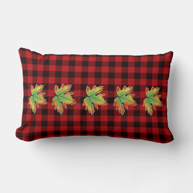 Red Plaid with Fall Maple Leaves Lumbar Pillow (Front)