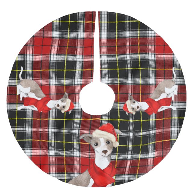 Red Plaid with Italian Greyhound Dog Christmas Bru Brushed Polyester Tree Skirt (Front)