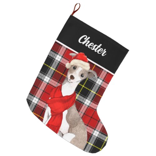 Red Plaid with Italian Greyhound with Dogs Name Large Christmas Stocking
