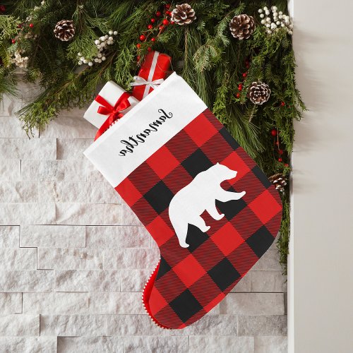 Red Plaid With Name And Bear Large Christmas Stock Large Christmas Stocking