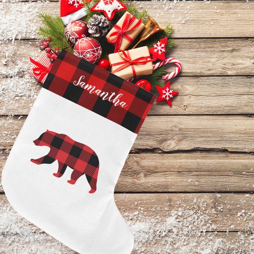 Red Plaid With Name And Bear Large Christmas Stocking