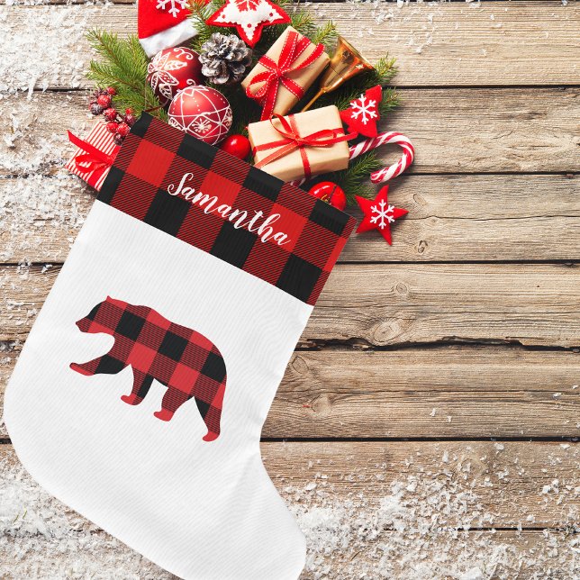 Red Plaid With Name And Bear Large Christmas Stocking (Creator Uploaded)