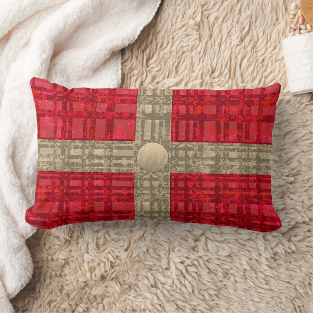 Red Plaid with Ribbon and Button Lumbar Pillow (Blanket)