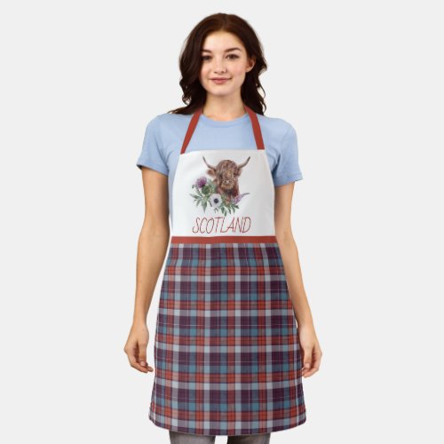 Red Plaid with Scotland Highland Cow and Flowers Apron