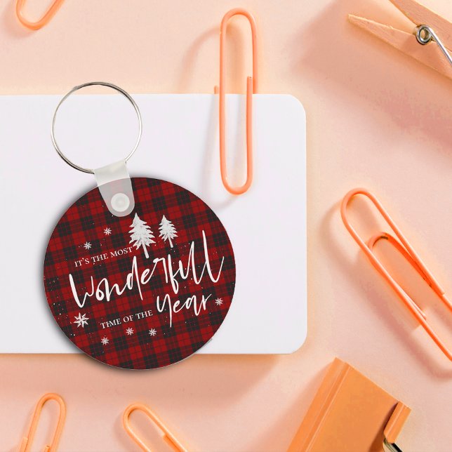 Red Plaid Wonderful Time Of Year Christmas Gift Keychain (Red Plaid Wonderful Time Of Year Christmas Gift Keychain)