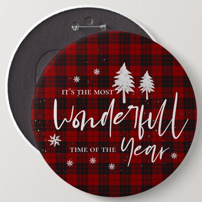 Red Plaid Wonderful Time Of Year Christmas Party Button (Front & Back)