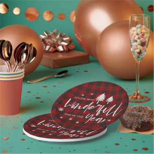Red Plaid Wonderful Time Of Year Christmas Party Paper Plates