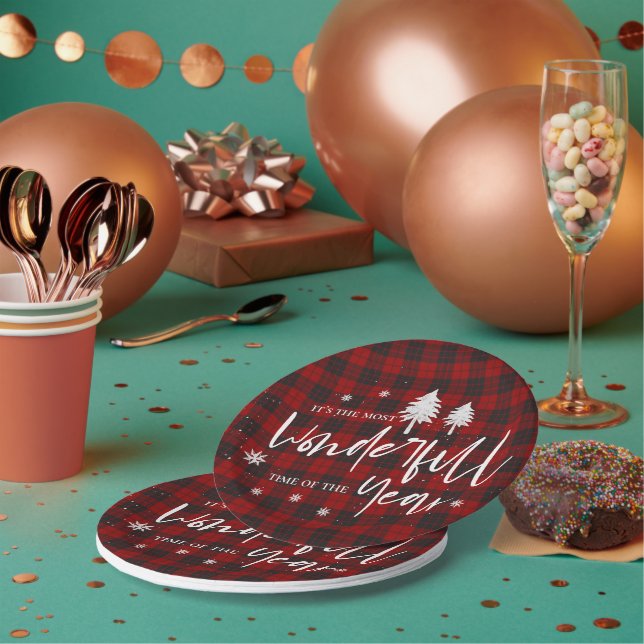 Red Plaid Wonderful Time Of Year Christmas Party Paper Plates (Multi)