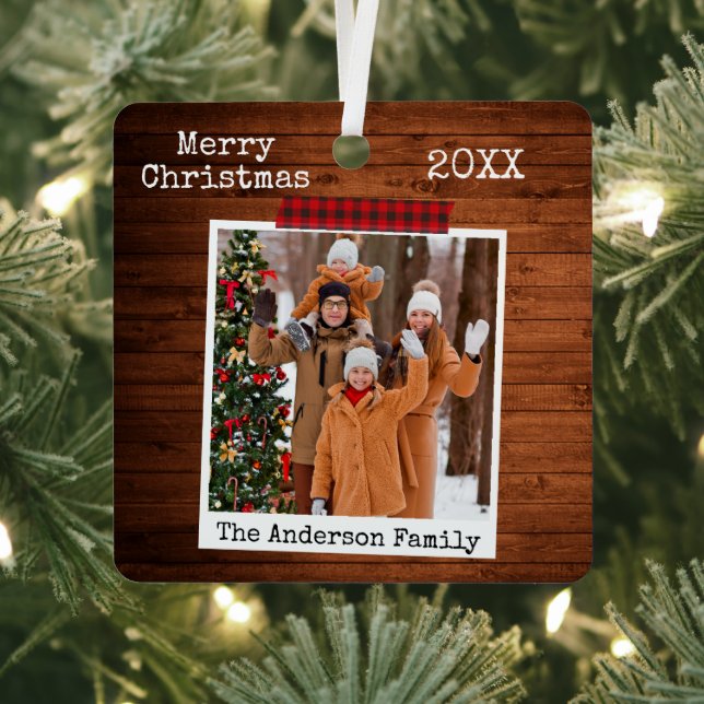Red Plaid Wood Craft Tape Instant Photo Style Metal Ornament (Insitu)