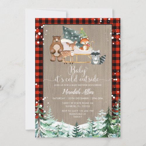 Red Plaid Woodland Lumberjack Snowy Baby Shower  Invitation