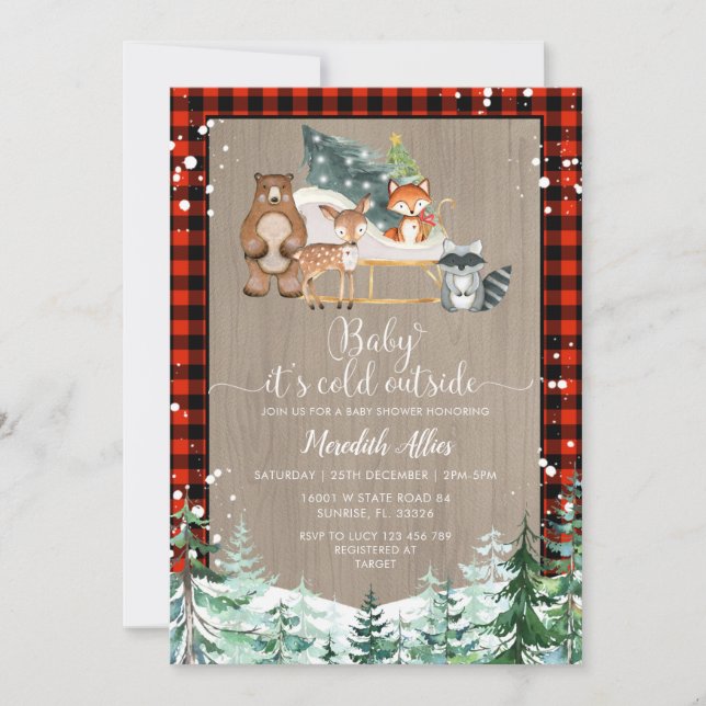 Red Plaid Woodland Lumberjack Snowy Baby Shower  Invitation (Front)