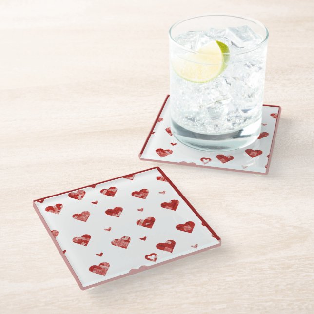 Red Plaided Hearts Design  Glass Coaster (Angled)