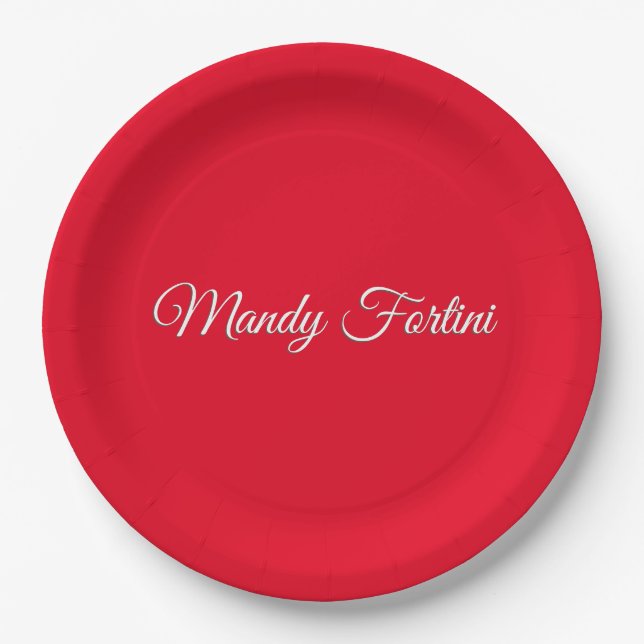 Red Plain Elegant Minimalist Calligraphy Paper Plates (Front)